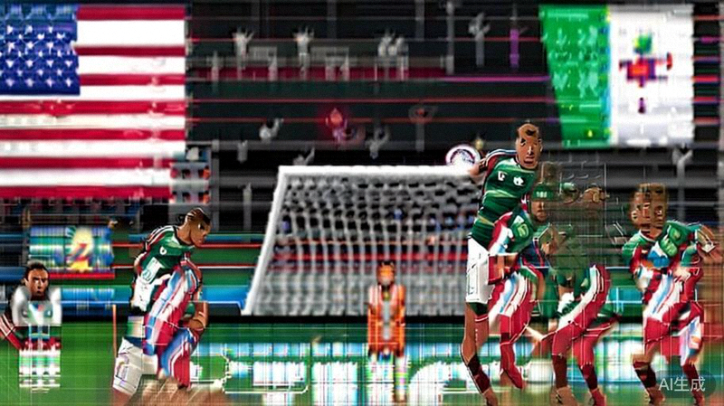 2026世界杯小组赛美国对阵墨西哥的激烈比赛现场照片，球员正在争抢头球